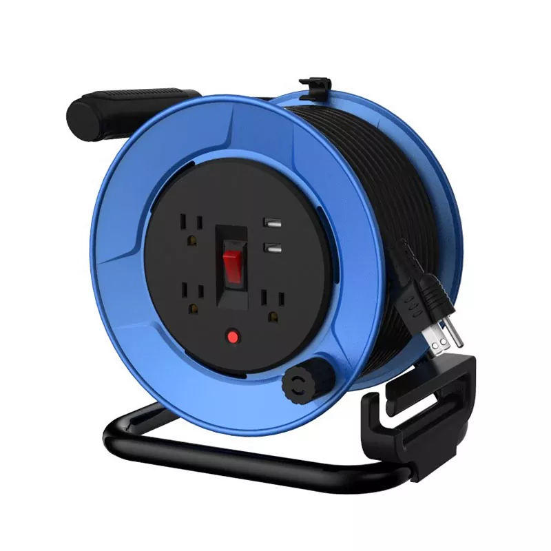 3 Outlets Plastic Usb2.4a Cord Reel 50ft With Overload Protection