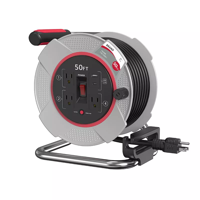 3 Outlets Usb2.4a Plastic Cord Reel 50ft With Overload Protection