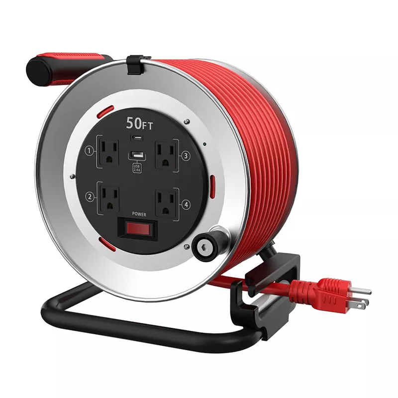 4 Outlets Usb2.4a Metal Cord Reel 50ft