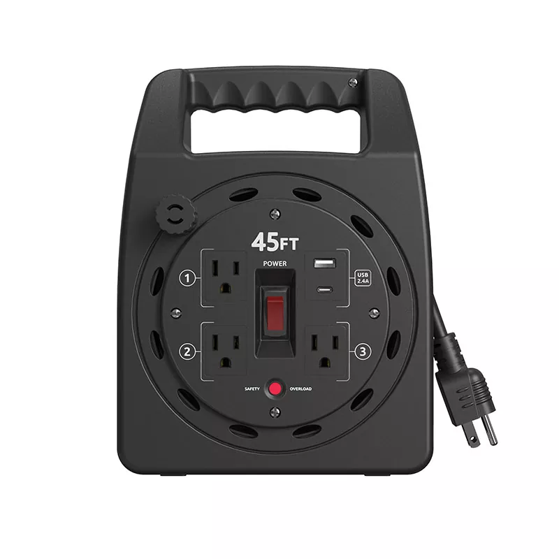 3 Outlets Usb2.4a Plastic Cord Reel 45ft With Overload Protection