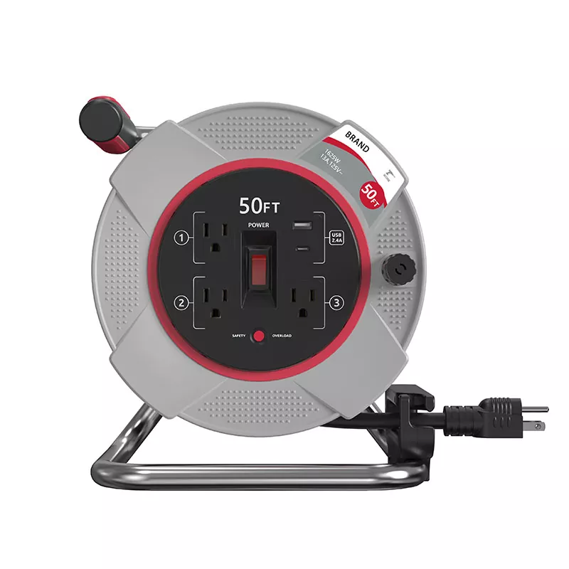 3 Outlets Usb2.4a Plastic Cord Reel 50ft With Overload Protection