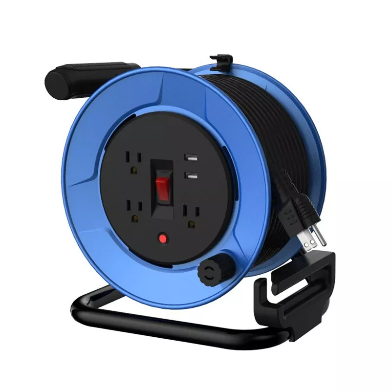 3 Outlets Plastic Usb2.4a Cord Reel 50ft With Overload Protection