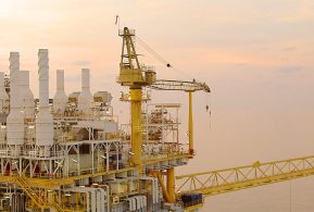 Offshore construction platform for production oil and gas. Oil and gas industry and hard work. Production platform and operation process by manual and auto function from control room.